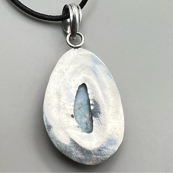 New Larimar Stone Silver Overlay Pendant Necklace w Cord - Picture 4 of 6